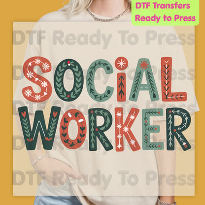 Christmas Social Worker DTF Transfers, Community Snowflake Botanical Holiday Ready to Press
