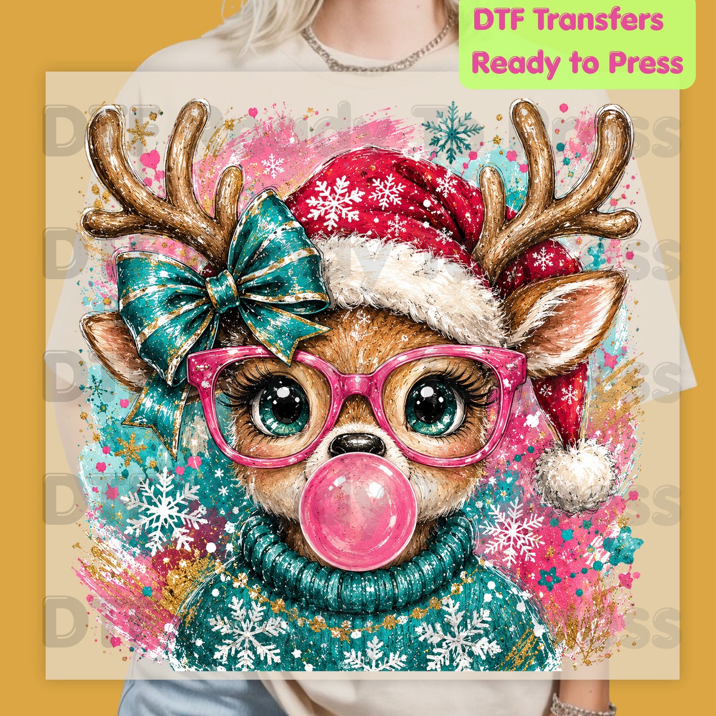Christmas Reindeer DTF Transfers, Pink Glasses Bubblegum Deer Santa Hat Cute Ready to Press