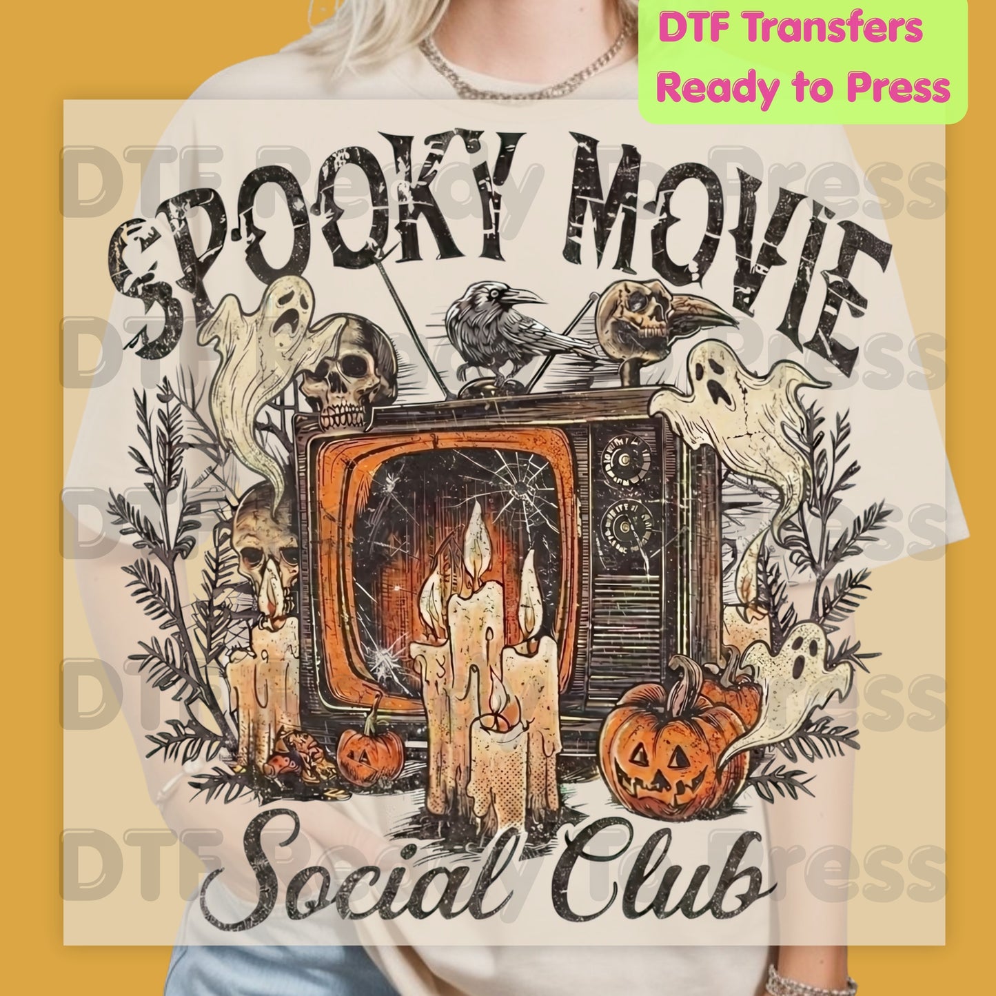 Spooky Movie Social Club DTF Transfers, Vintage Horror TV Ghosts Pumpkin Candles Halloween Ready to Press
