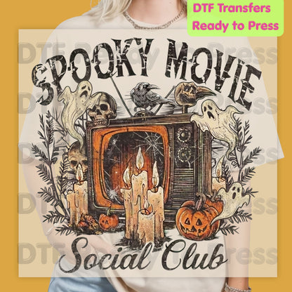 Spooky Movie Social Club DTF Transfers, Vintage Horror TV Ghosts Pumpkin Candles Halloween Ready to Press