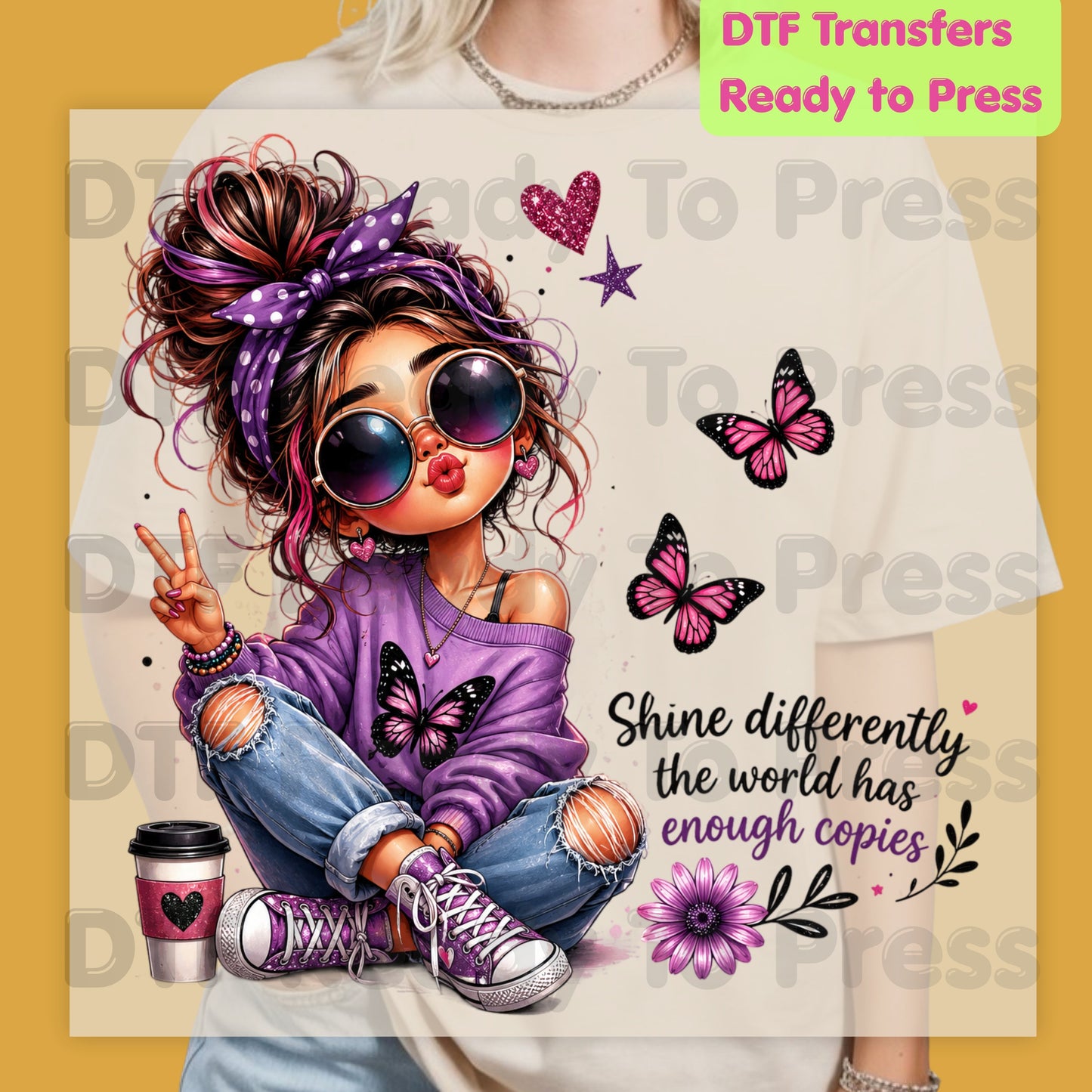 Shine Differently DTF Transfers, Purple Messy Bun Girl Butterfly Coffee Quote Ready to Press
