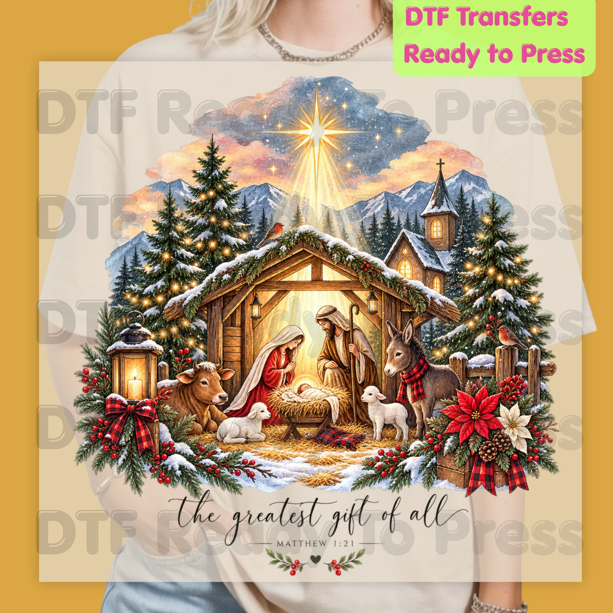 Nativity Baby Jesus DTF Transfers, Greatest Gift of All Christian Christmas Ready to Press