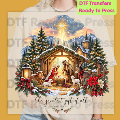 Nativity Baby Jesus DTF Transfers, Greatest Gift of All Christian Christmas Ready to Press