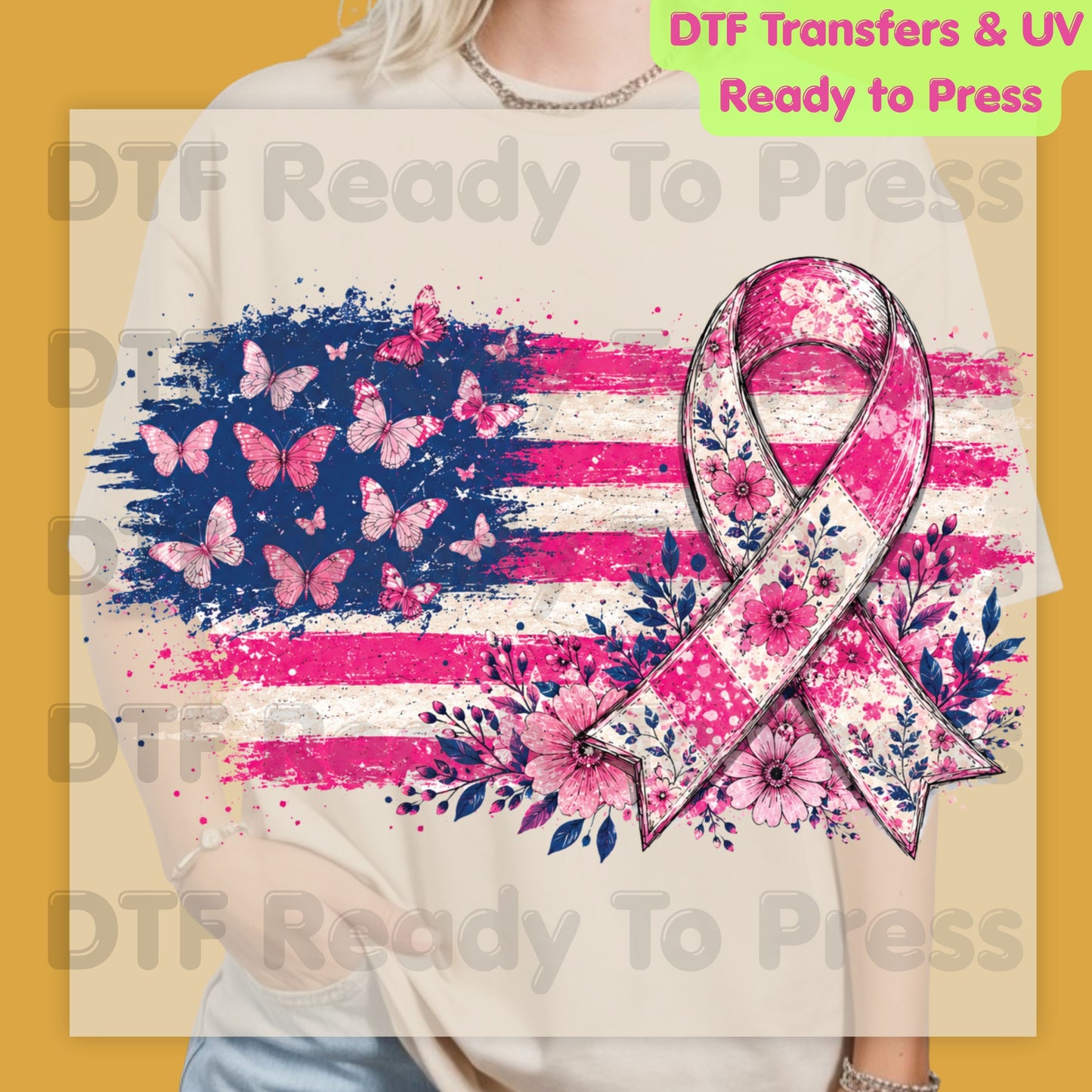 American Flag Pink Ribbon Butterfly Breast Cancer Awareness DTF Transfer Ready to Press Heat Transfer Tee