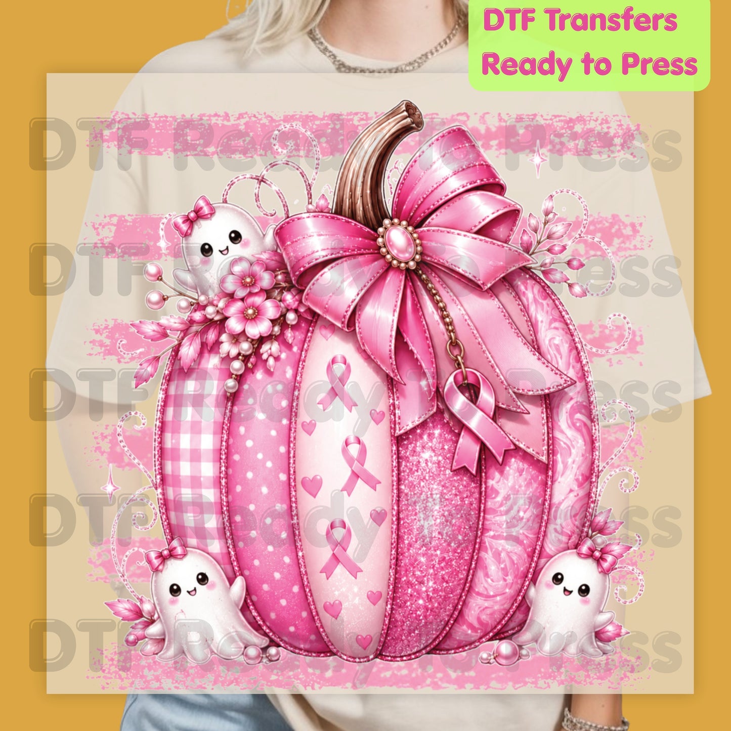 Pink Pumpkin Breast Cancer Awareness DTF Transfer Ready to Press Heat Transfer Spooky Ghost Bow Tee