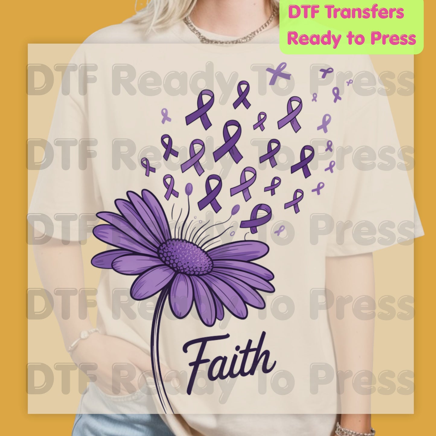 Faith Ribbon DTF Transfer Breast Cancer Awareness Brush Strokes Heat Transfer Ready to Press Tee Print Direct to Film