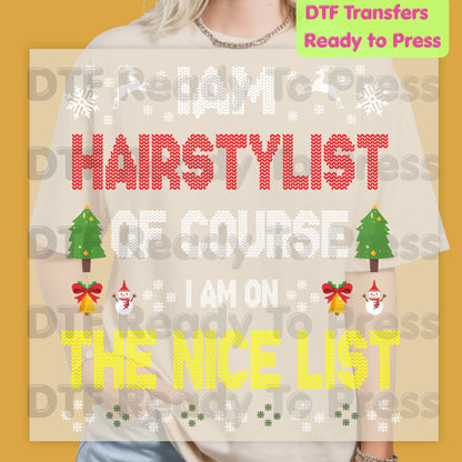 Christmas Hairstylist DTF Transfers, On the Nice List Salon Tree Sweater Holiday Ready to Press