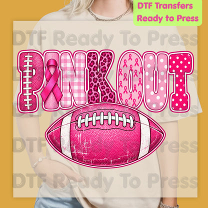 Pink Out DTF Transfers, Breast Cancer Awareness Football Pink Ribbon Leopard Print Ready to Press