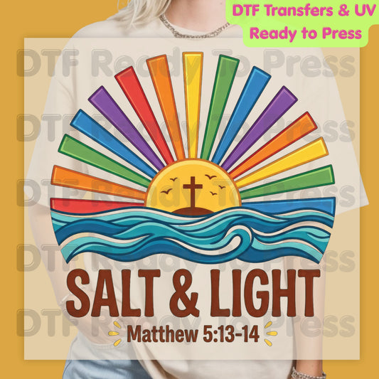 Salt and Light DTF Transfer Ready to Press Matthew 5:13-14 Bible Verse UV DTF Sticker Christian Rainbow Sunbeams Ocean Waves Cross Heat Transfer for Shirts
