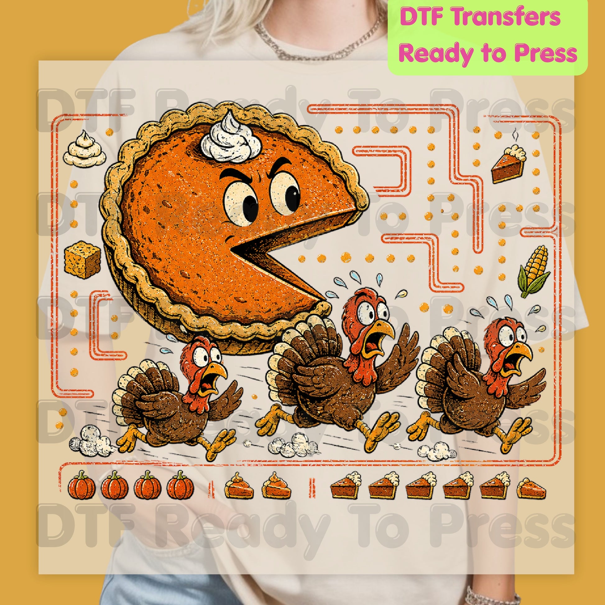 Funny Thanksgiving Pacman DTF Transfers, Pumpkin Pie Chasing Turkeys Maze Video Game Ready to Press