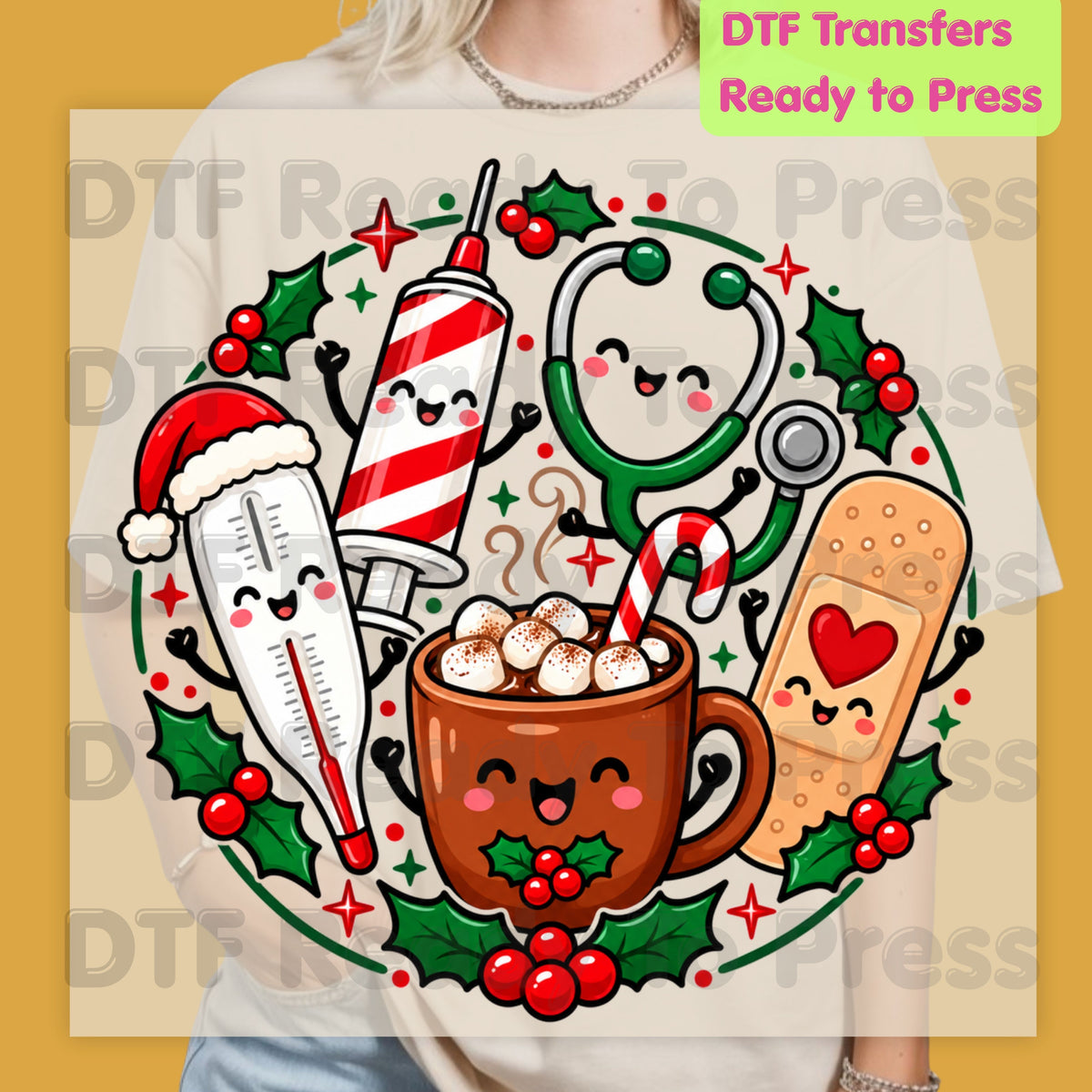 Christmas Medical Squad DTF Transfers, Cute Nurse Holiday Cocoa Stethoscope Graphic Ready to Press