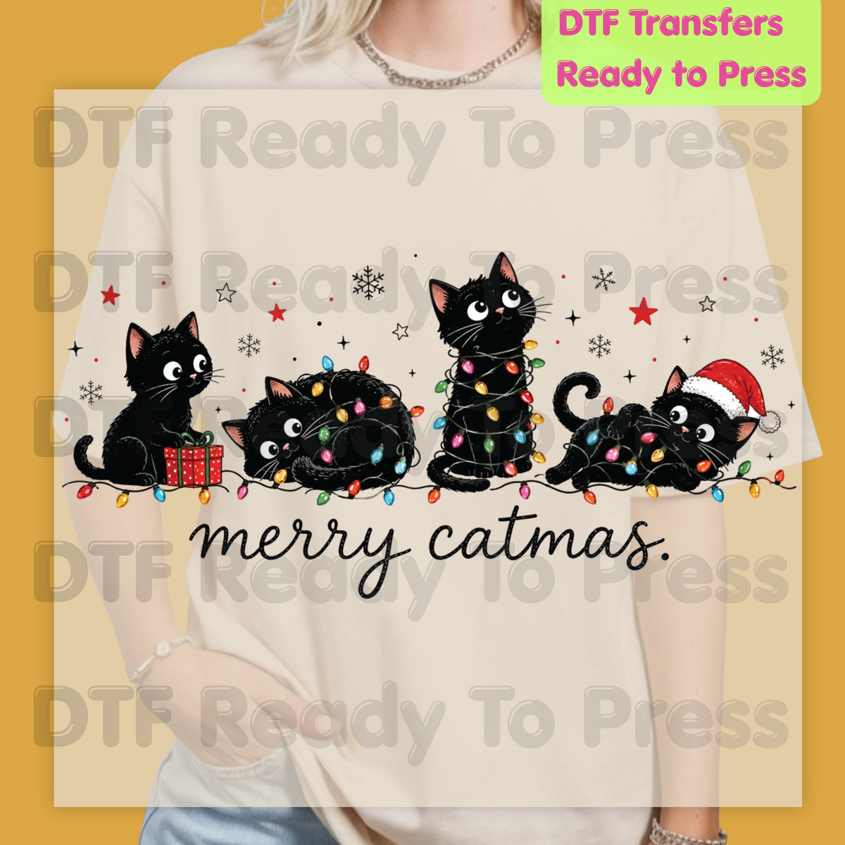 Christmas Cat DTF Transfer, Merry Catmas Cute Kittens and Lights