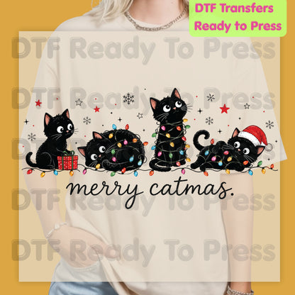 Christmas Cat DTF Transfer, Merry Catmas Cute Kittens and Lights