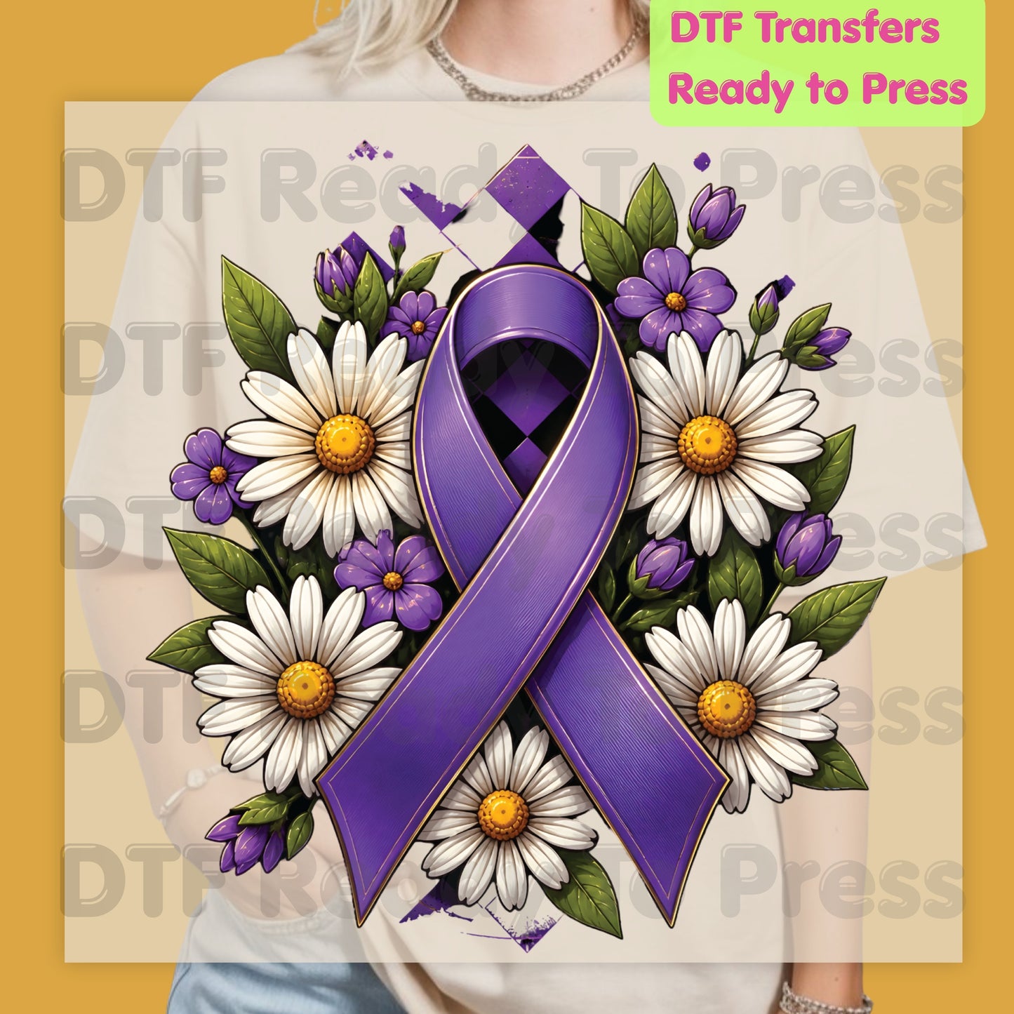 Purple Ribbon DTF Transfer Ready to Press Daisies Flowers Awareness Heat Transfer Tee Print Direct to Film Transfer
