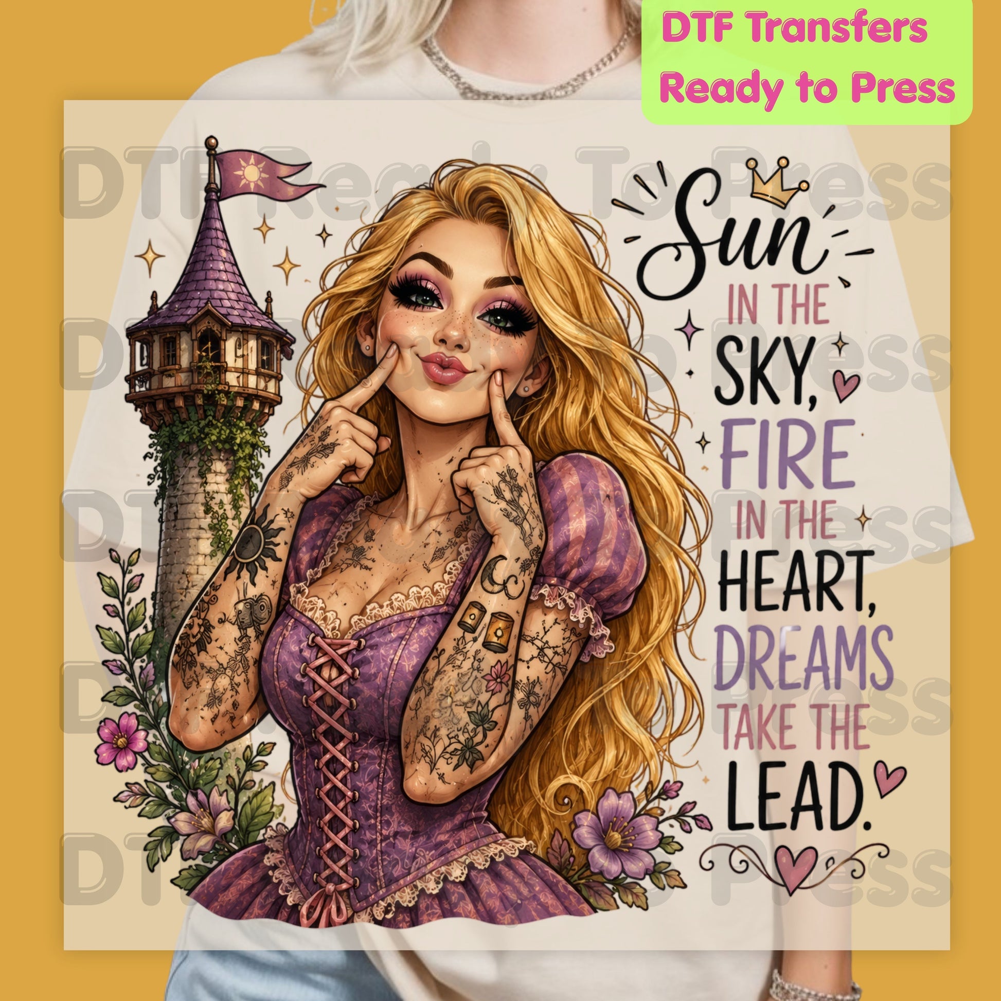 Sun in the Sky Dreams DTF Transfers, Tattooed Princess Tower Inspirational Quote Ready to Press