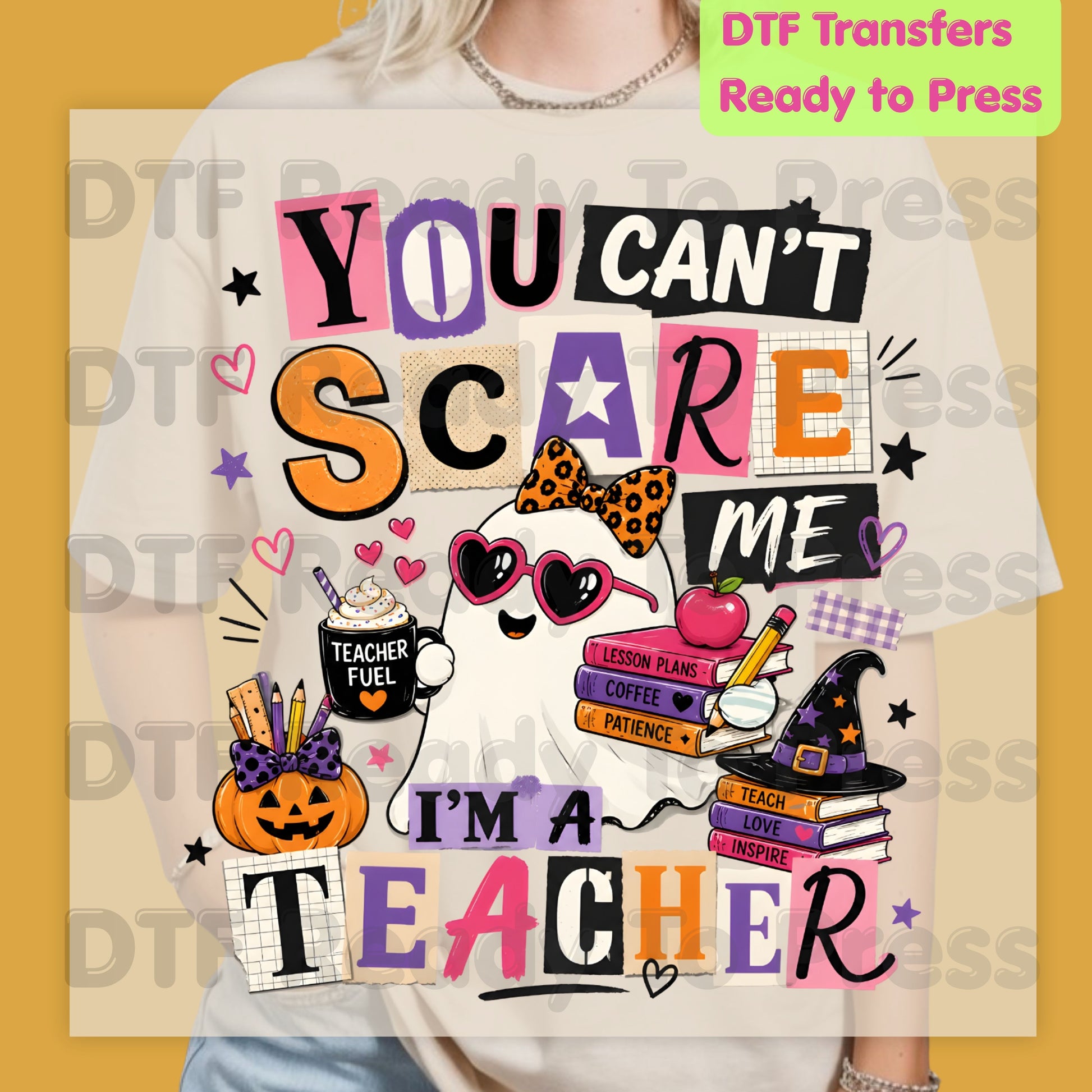 You Can't Scare Me Teacher DTF Transfers, Halloween Ghost Books Coffee Ready to Press