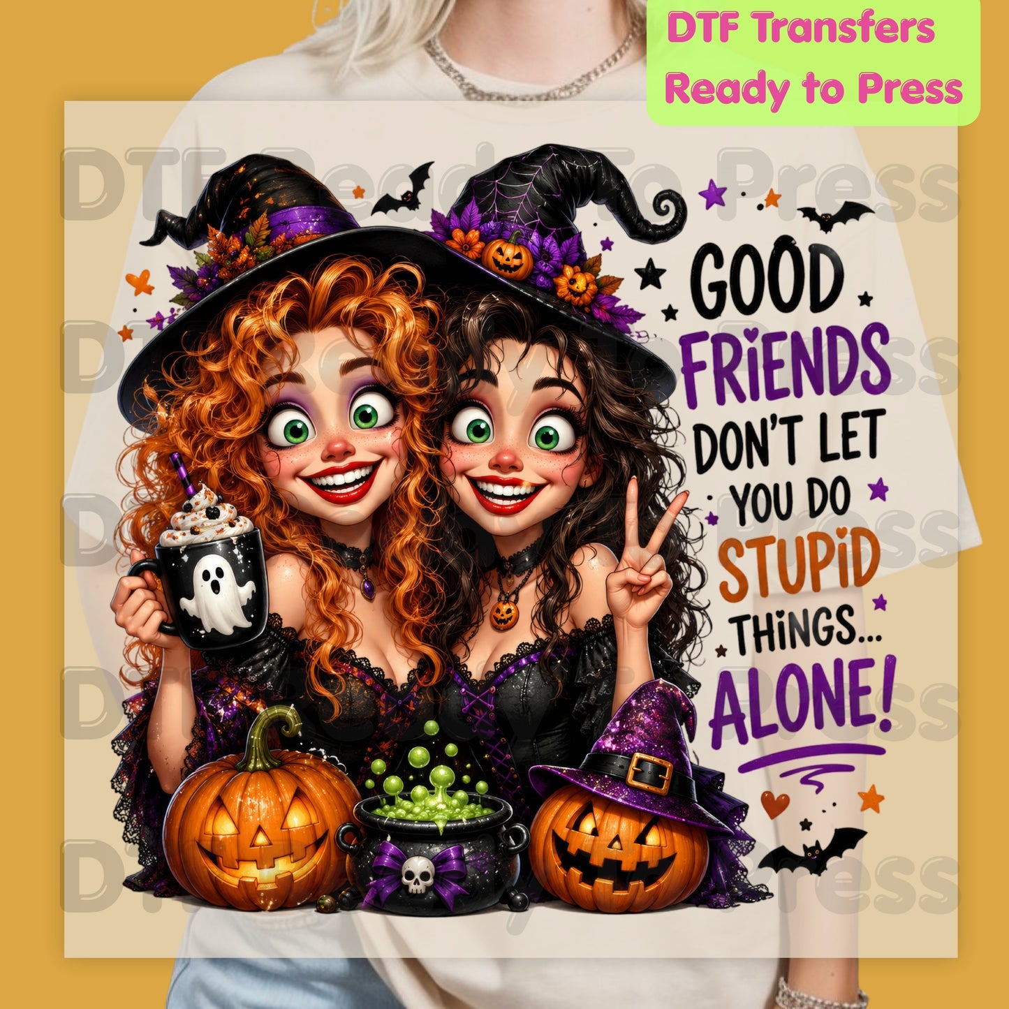 Halloween Witches Best Friends DTF Transfers, Funny Spooky Besties Good Friends Ready to Press