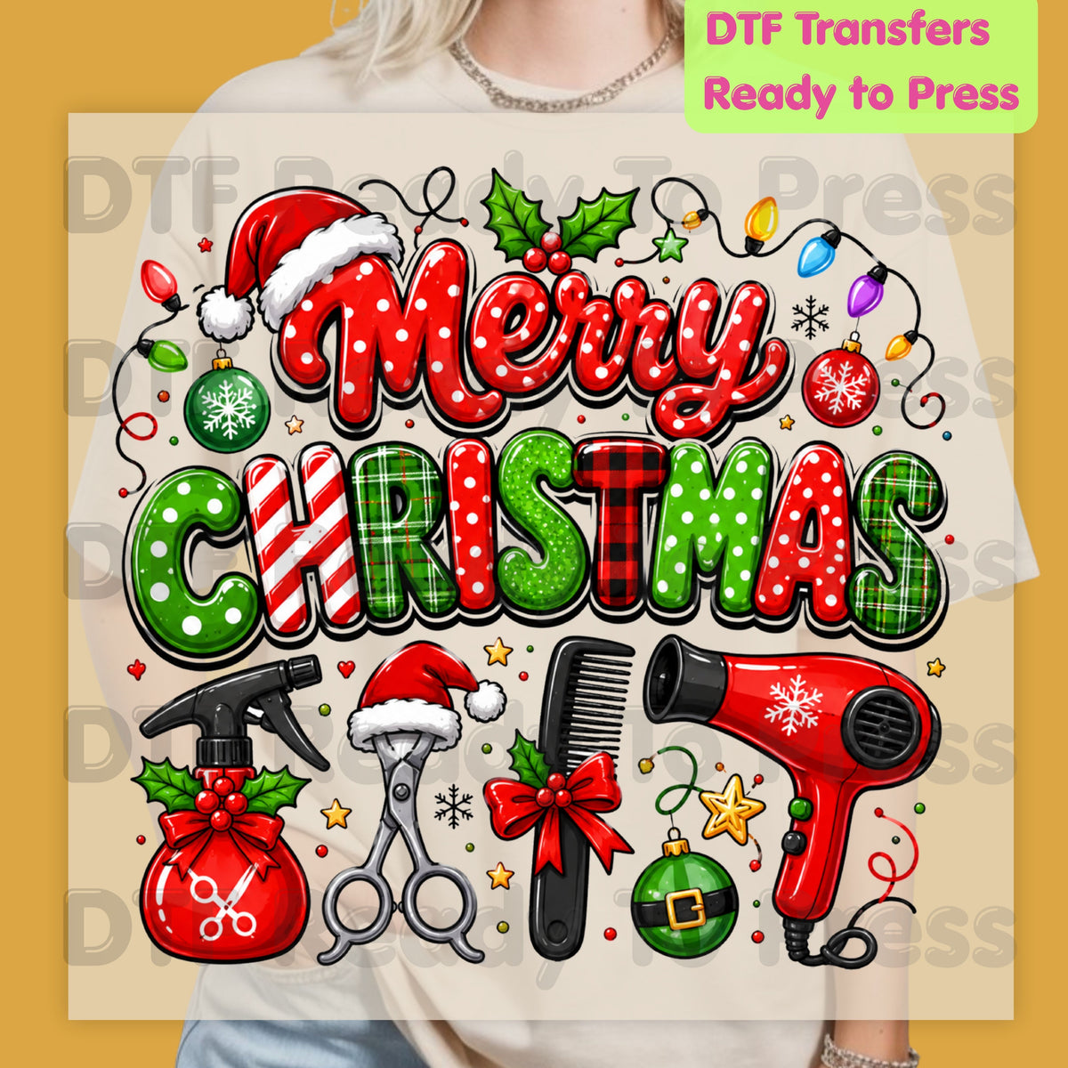 Merry Christmas Hairstylist DTF Transfers, Salon Holiday Scissors Hair Dryer Hairdresser Ready to Press