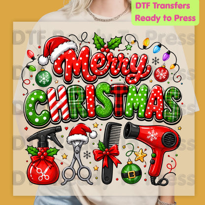 Merry Christmas Hairstylist DTF Transfers, Salon Holiday Scissors Hair Dryer Hairdresser Ready to Press