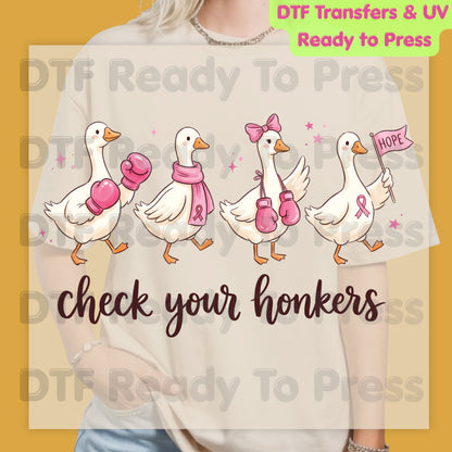 Breast Cancer Awareness Check Your Honkers DTF Transfer Ready to Press Funny Duck Heat Transfer Pink Ribbon Tee