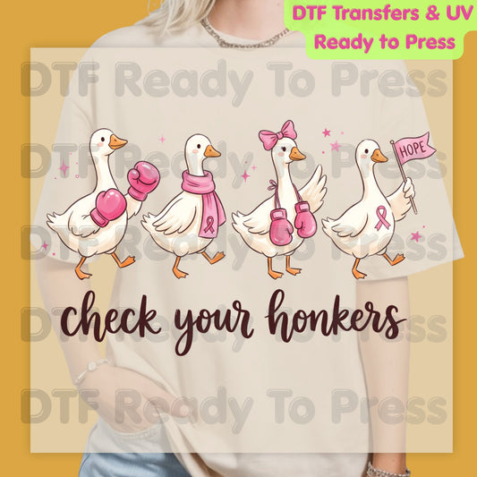 Breast Cancer Awareness Check Your Honkers DTF Transfer Ready to Press Funny Duck Heat Transfer Pink Ribbon Tee