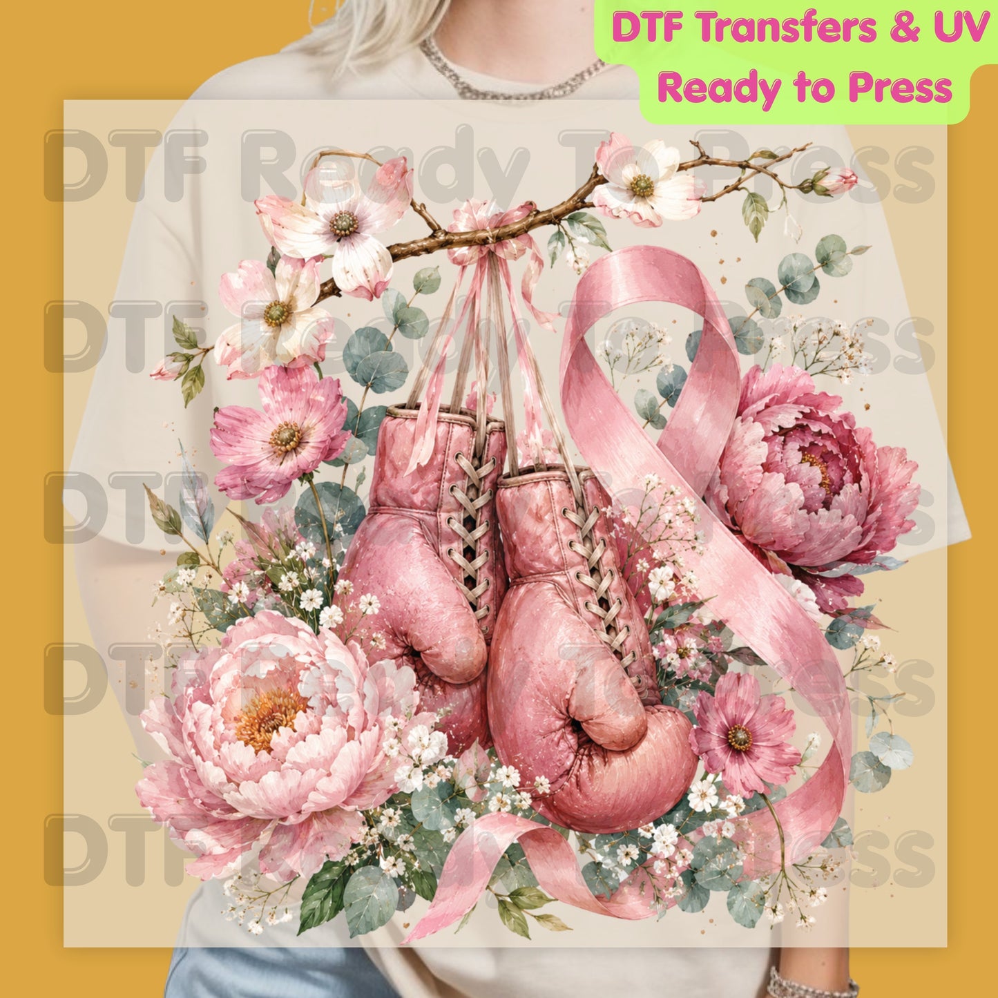 Pink Boxing Gloves Breast Cancer Awareness DTF Transfer Ready to Press Heat Transfer Floral Ribbon Tee