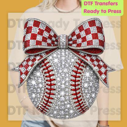 Coquette Baseball DTF Transfers, Sparkle Baseball Red Checkered Bow Sports Mom Girl Ready to Press