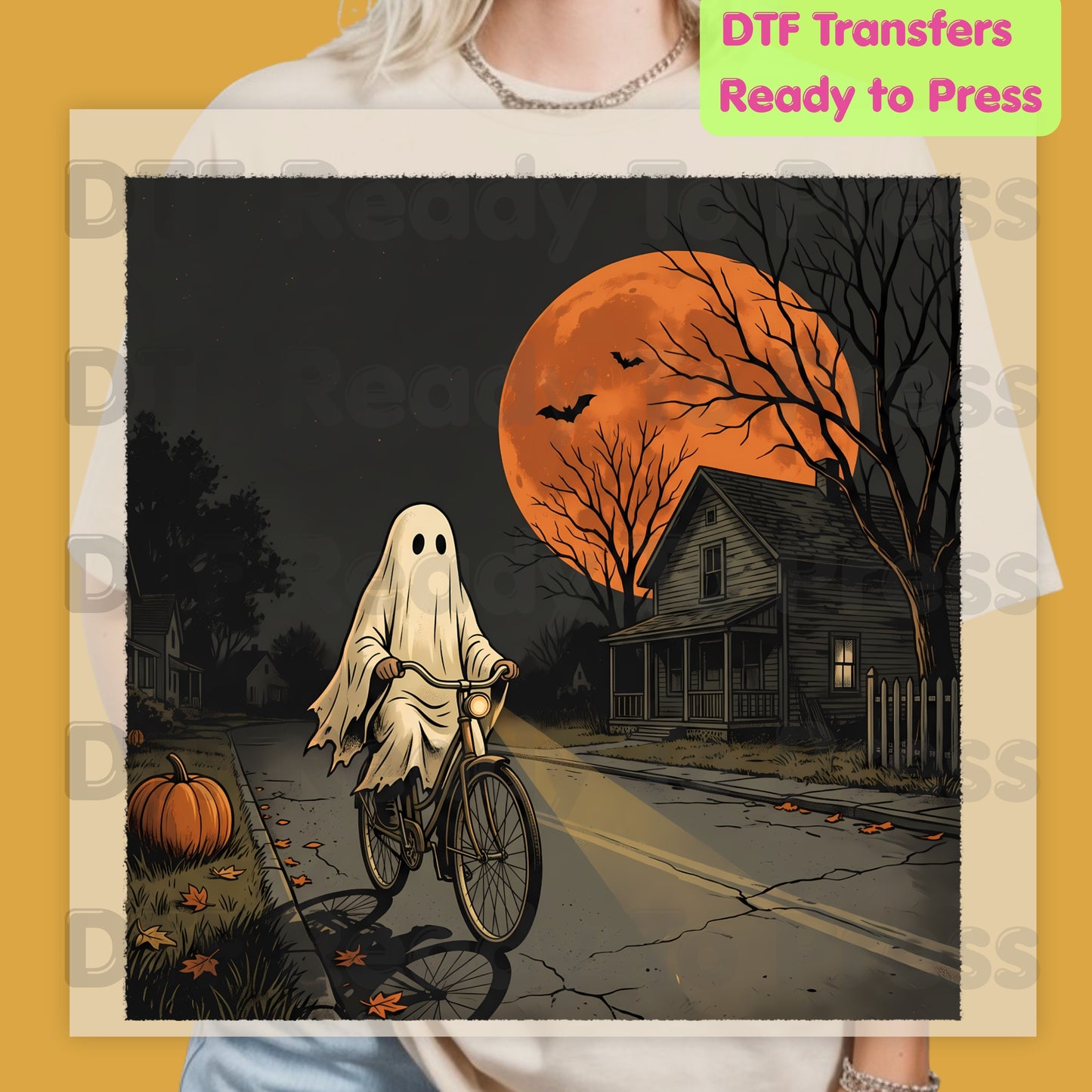 Ghost Riding Bike DTF Transfers, Orange Harvest Moon Haunted House Halloween Ready to Press