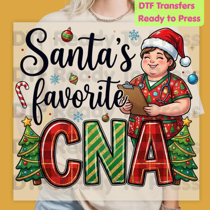 Santa's Favorite CNA DTF Transfers, Christmas Medical Nursing Clipboard Tree Holiday Ready to Press