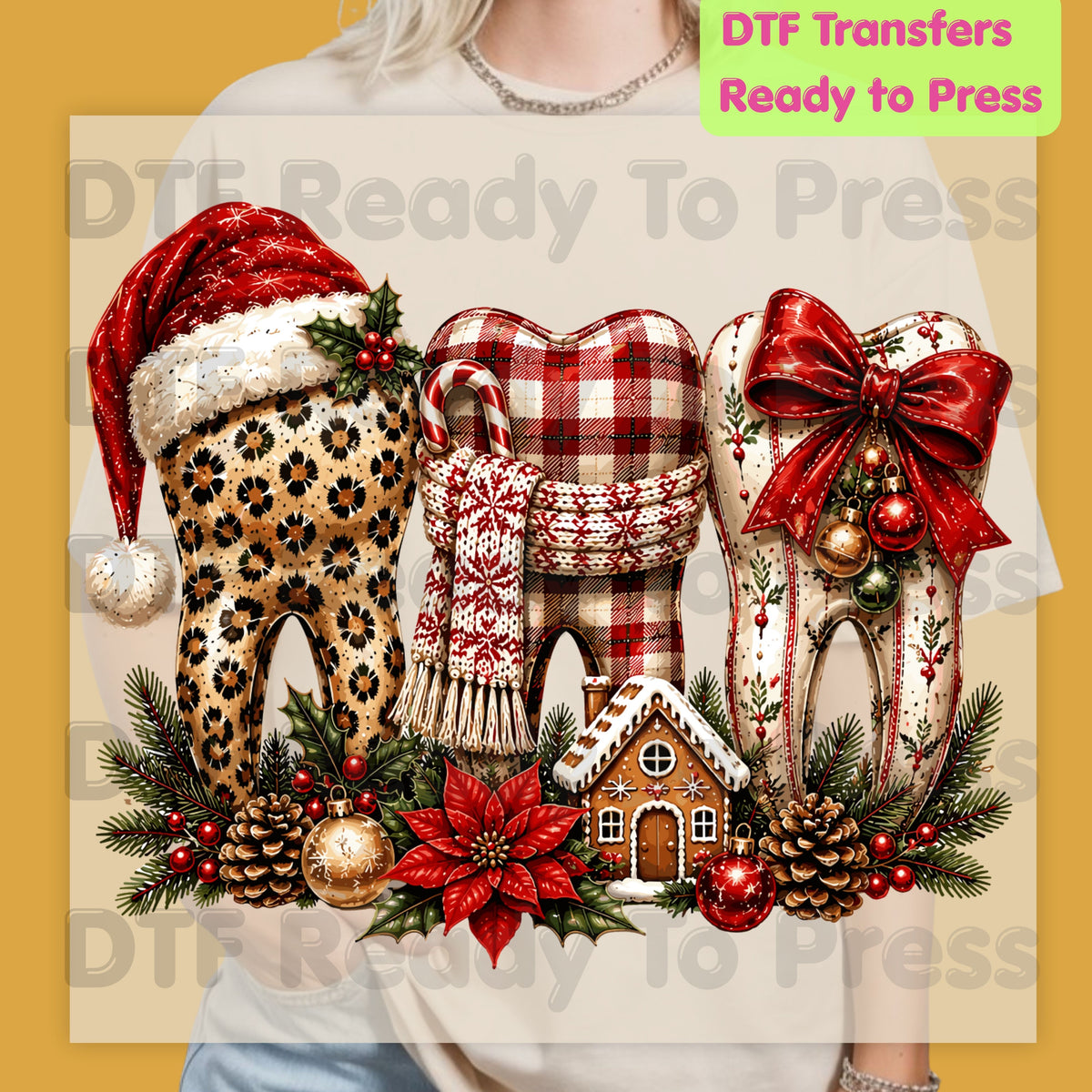 Christmas Dental Teeth DTF Transfers, Dentist Holiday Leopard Plaid Bow Ready to Press
