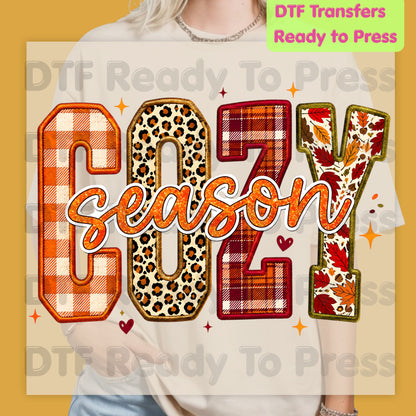Cozy Season Fall DTF Transfer Ready to Press Plaid Leopard Autumn Letters Heat Transfer for Shirts Colorful Pumpkin Season Graphic Press