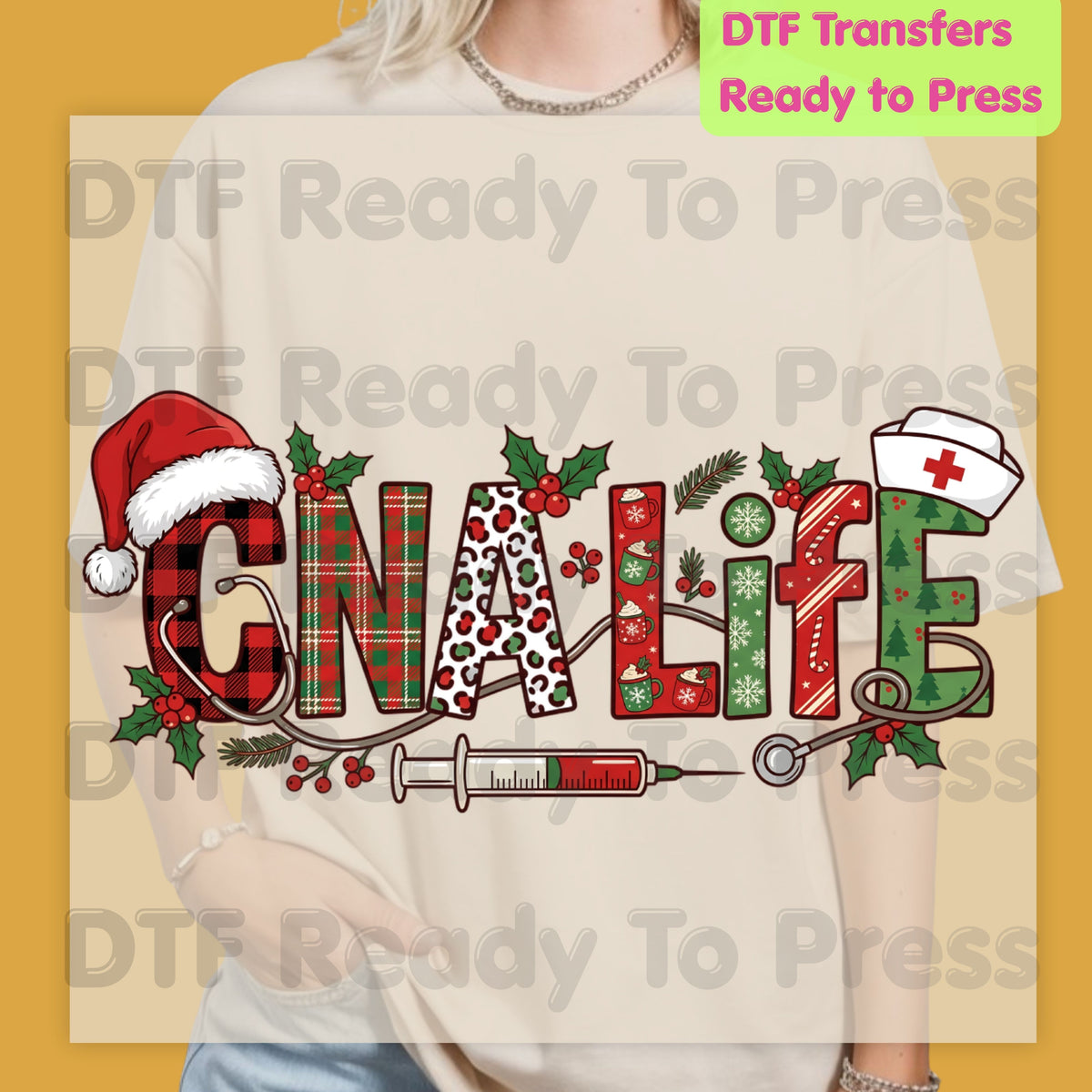Christmas GNA Life DTF Transfers, Nursing Medical Plaid Leopard Stethoscope Holiday Ready to Press