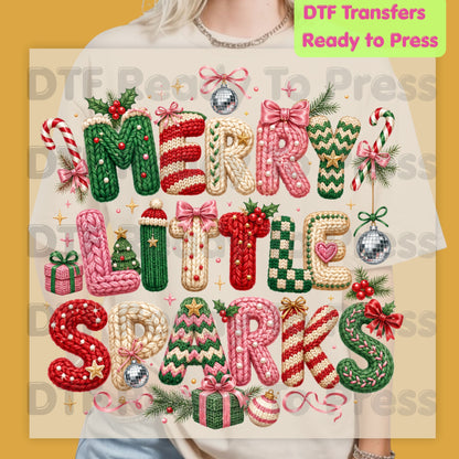 Merry Little Sparks DTF Transfers, Christmas Cable Knit Bow Disco Holiday Ready to Press