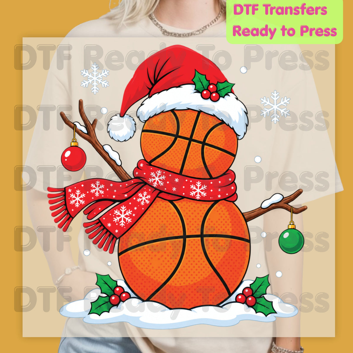 Christmas DTF Transfer, Basketball Snowman with Santa Hat and Scarf Graphic