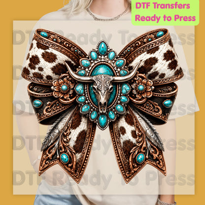 Western Bow DTF Transfers, Turquoise Longhorn Skull Cowhide Coquette Bow Cowgirl Ready to Press