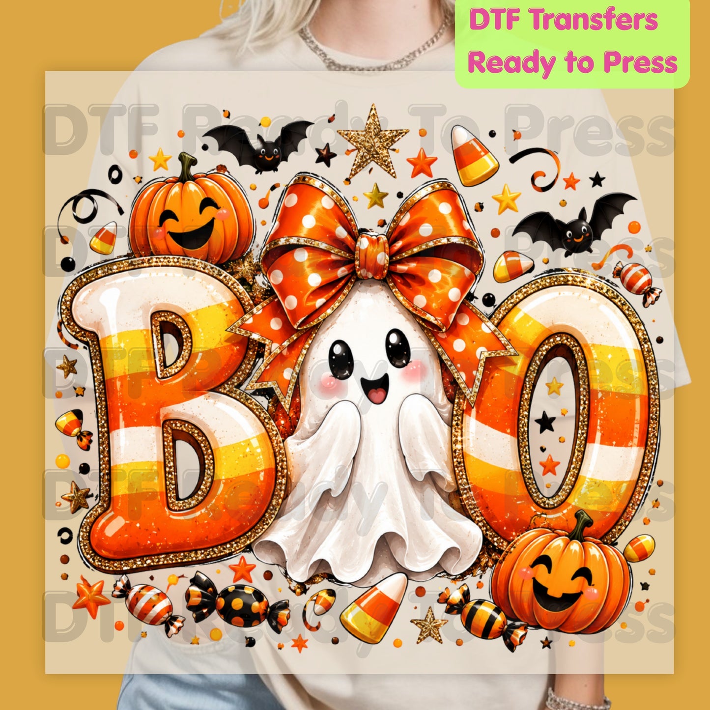 Halloween DTF Transfers, Boo Ghost Orange Bow Candy Corn Pumpkin Spooky Season Ready to Press