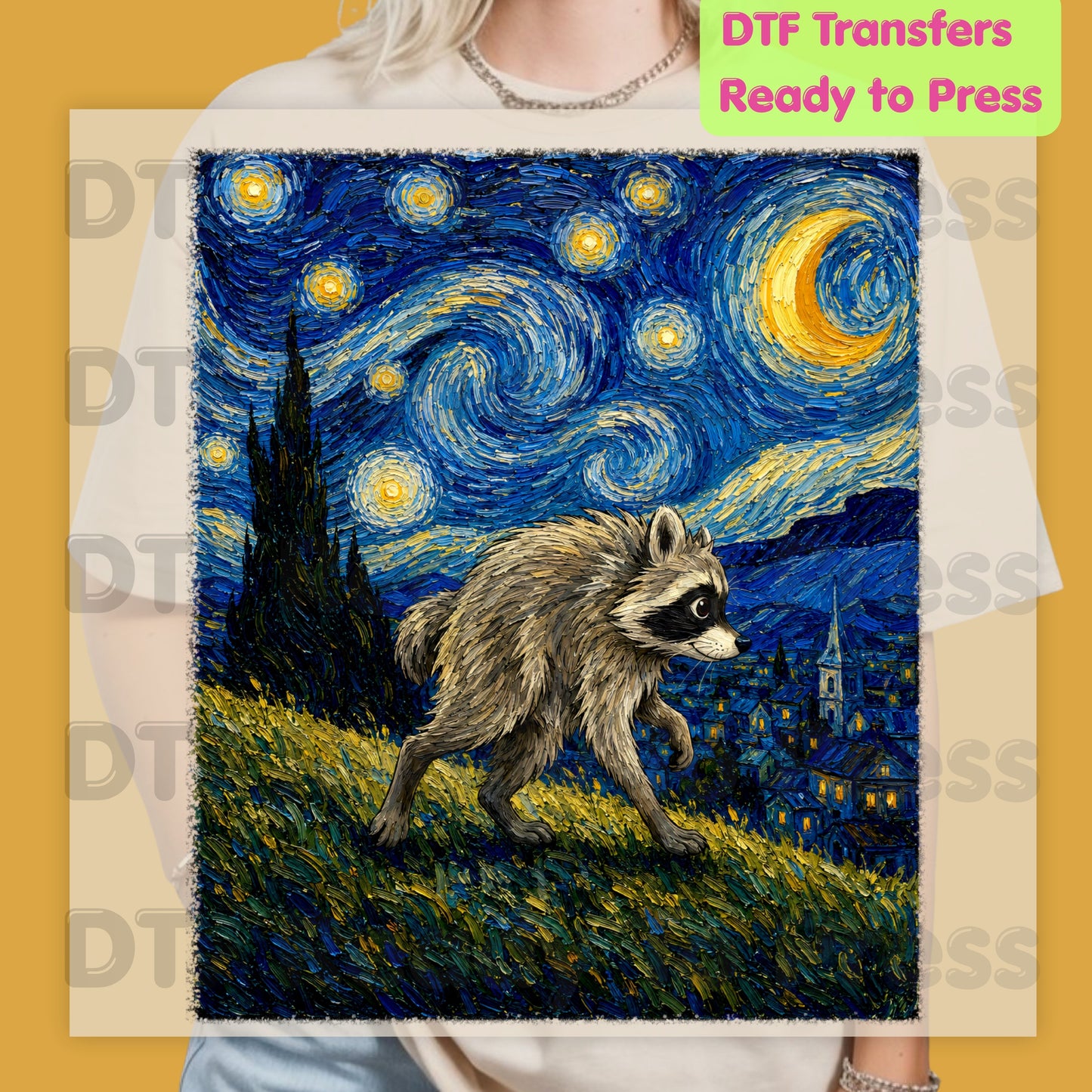 Starry Night Raccoon DTF Transfers, Oil Painting Van Gogh Style Funny Wildlife Art Ready to Press