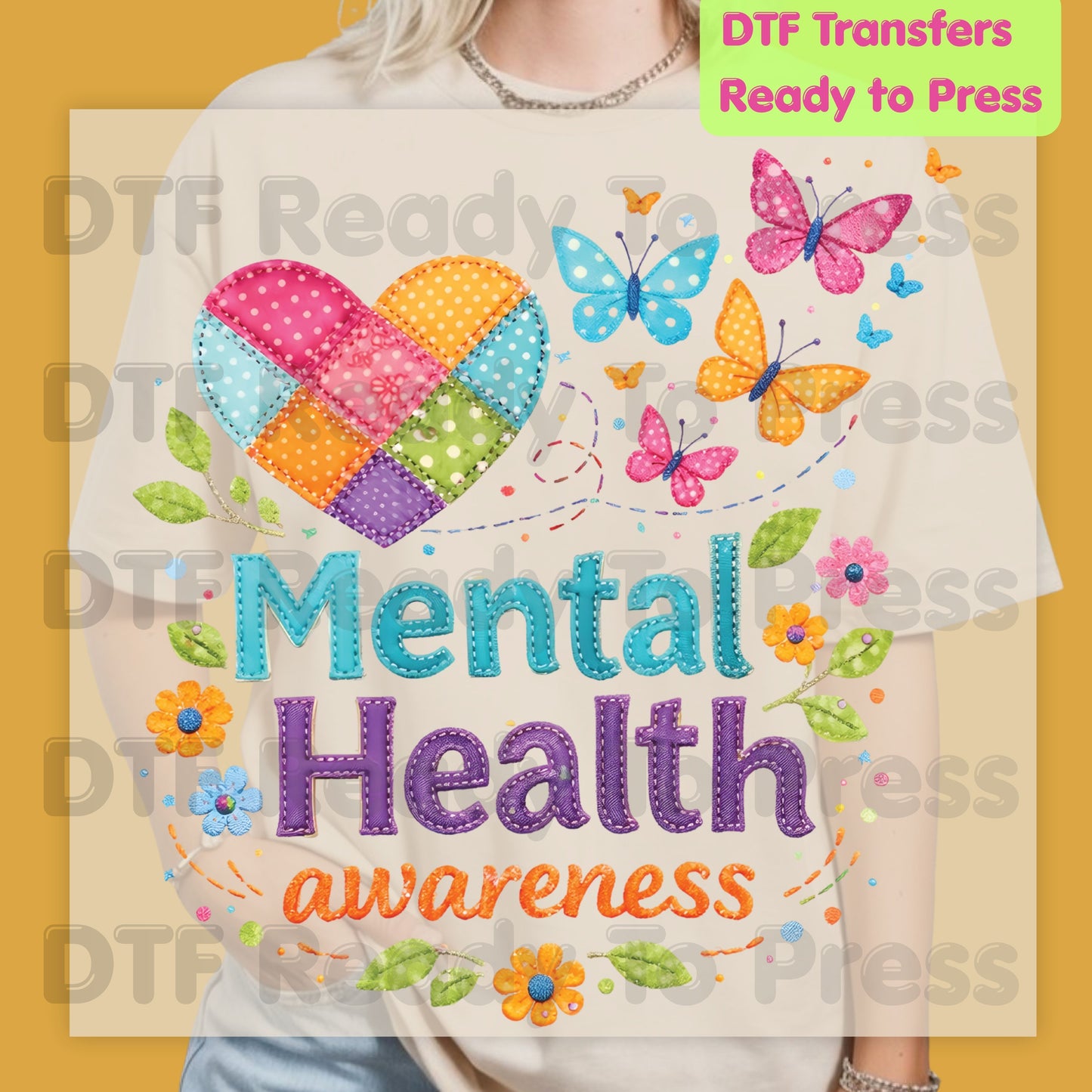 Mental Health DTF Transfer Ready to Press Quilted Heart Butterfly Heat Transfer Mental Health Matters Tee Print Direct to Film Transfer