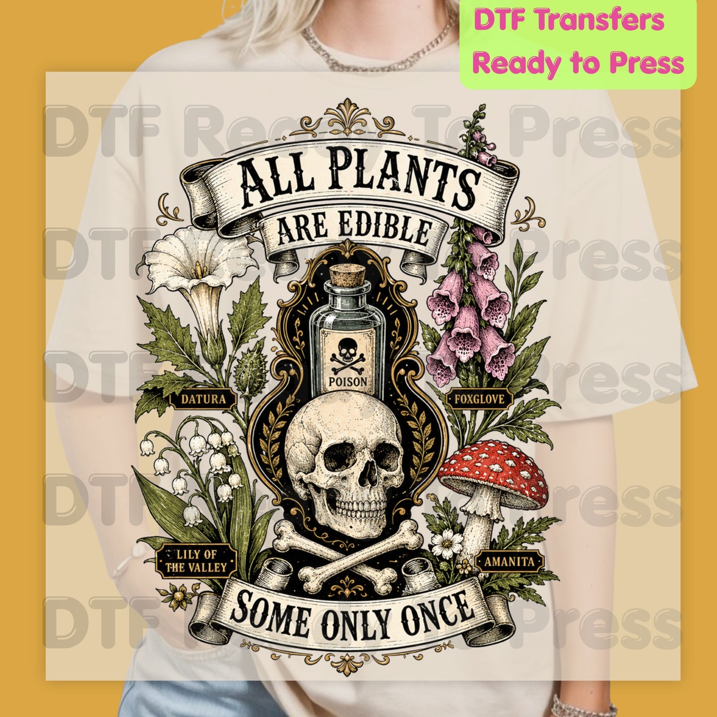 Funny Botanical DTF Transfers, All Plants Are Edible Some Only Once Poisonous Mushroom Skull Vintage Ready to Press