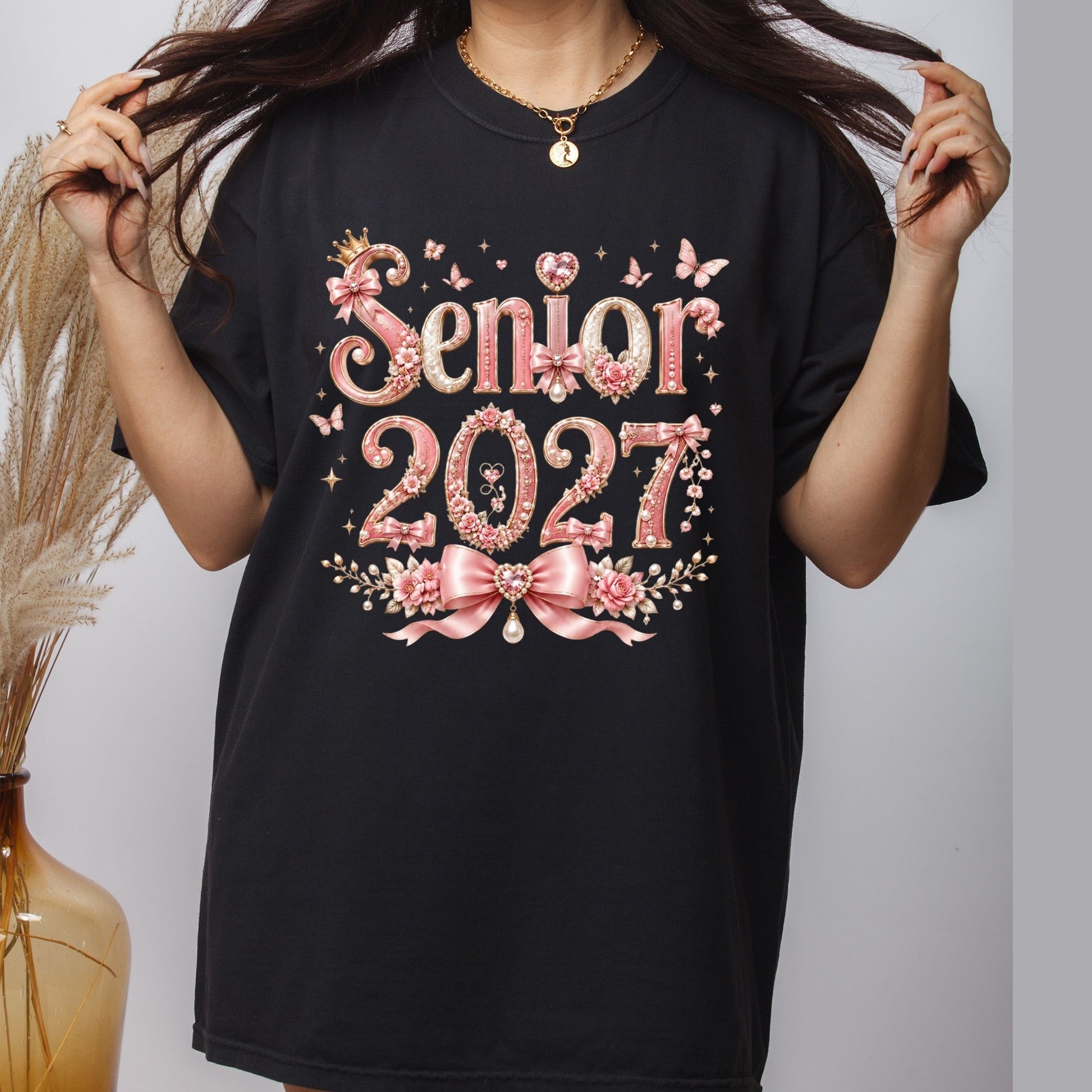 Senior 2027 DTF Transfer Ready to Press Graduation Heat Transfer for Shirts Pink Pearl Bow Coquette Flowers Butterflies Tee