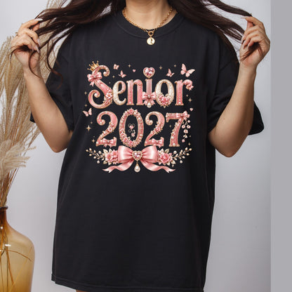 Senior 2027 DTF Transfer Ready to Press Graduation Heat Transfer for Shirts Pink Pearl Bow Coquette Flowers Butterflies Tee