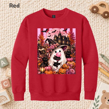 Pink Ghost Halloween T-Shirt, Witch Ghost Bubble Gum Black Cat Spooky Cute Tee for Toddler and Kids