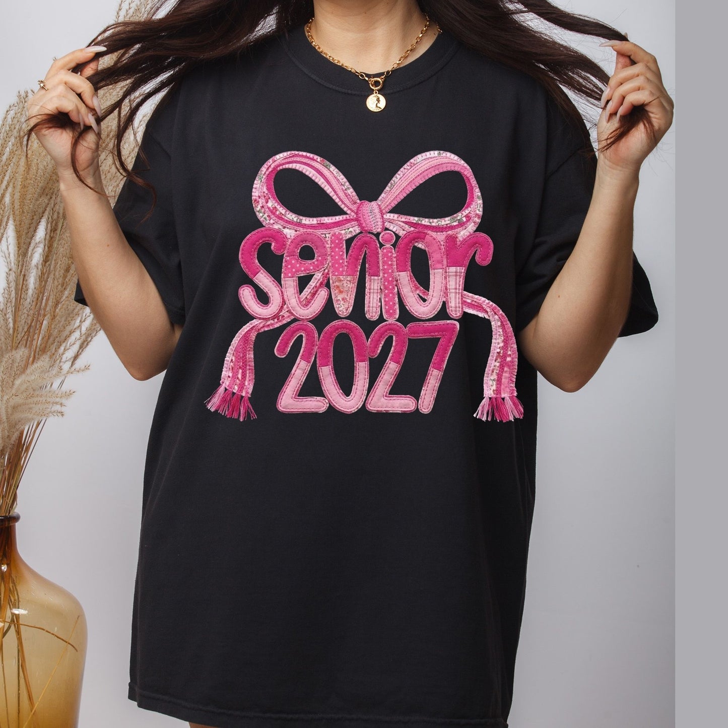 Senior 2027 DTF Transfer Ready to Press Graduation Heat Transfer for Shirts Pink Quilted Stitch Bow Patch Graphic Tee