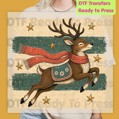 Vintage Christmas Reindeer DTF Transfers, Flying Reindeer Scarf Retro Winter Ready to Press
