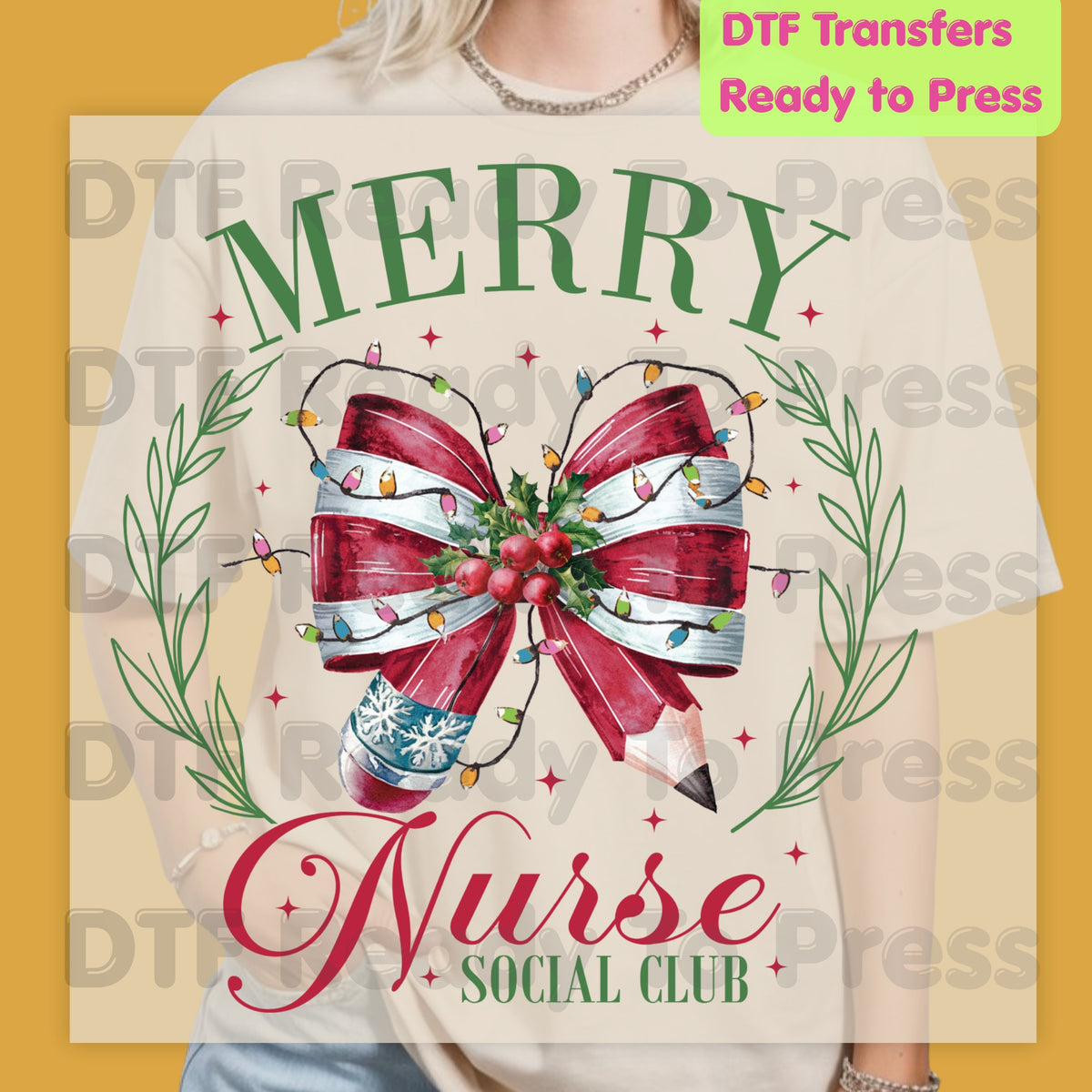 Merry Nurse Social Club DTF Transfers, Christmas Medical Coquette Bow Holiday Lights Nurse Ready to Press
