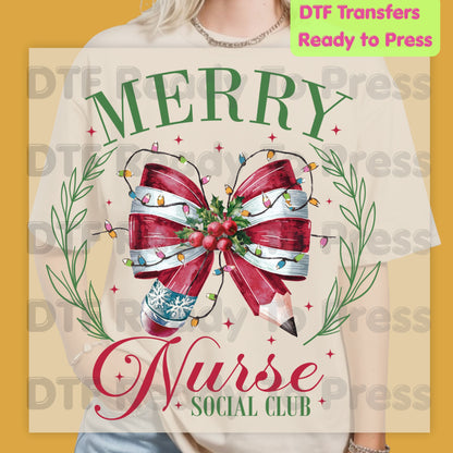 Merry Nurse Social Club DTF Transfers, Christmas Medical Coquette Bow Holiday Lights Nurse Ready to Press