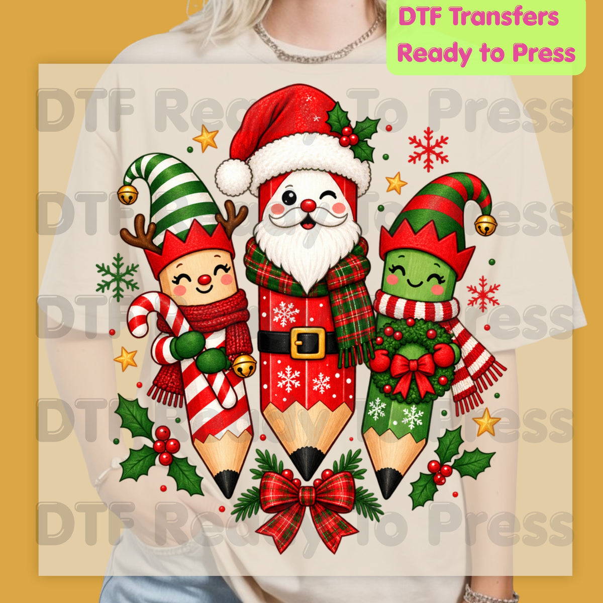 Christmas Teacher Pencils DTF Transfers, Holiday School Elf Santa Cute Teacher Ready to Press