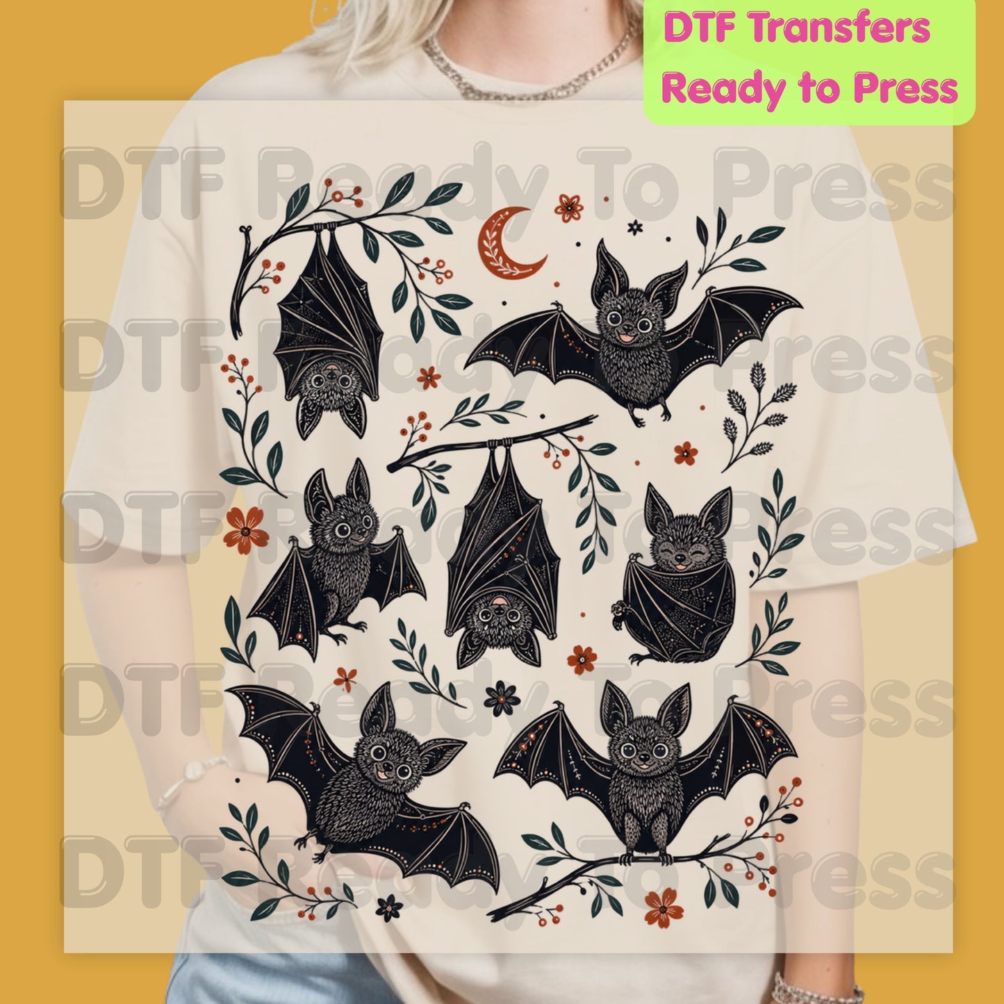 Vintage Halloween Bats DTF Transfers, Floral Botanical Flying Bats Crescent Moon Spooky Season Ready to Press