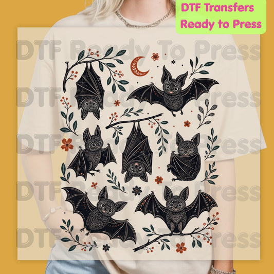 Vintage Halloween Bats DTF Transfers, Floral Botanical Flying Bats Crescent Moon Spooky Season Ready to Press