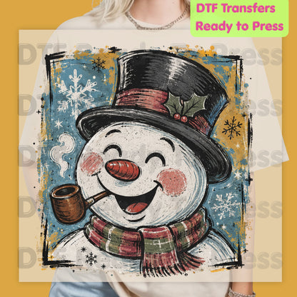 Vintage Snowman DTF Transfers, Top Hat Pipe Snowflakes Scarf Christmas Ready to Press
